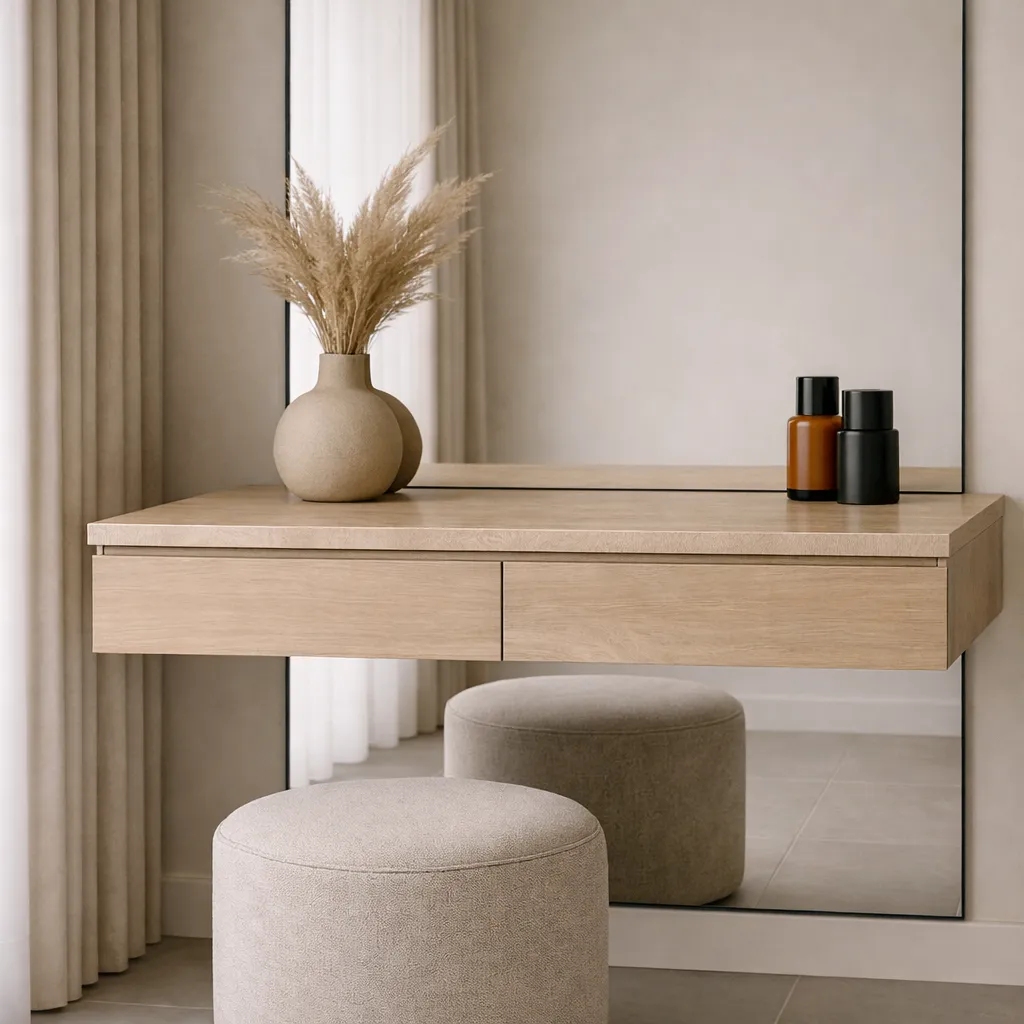 Modern Floating Vanity with Full Mirror & Soft Pouf Seating