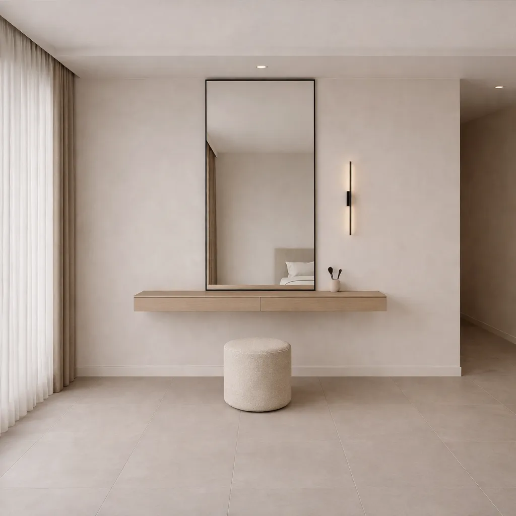 Minimalist Floating Vanity with Mirror &amp; Upholstered Pouf