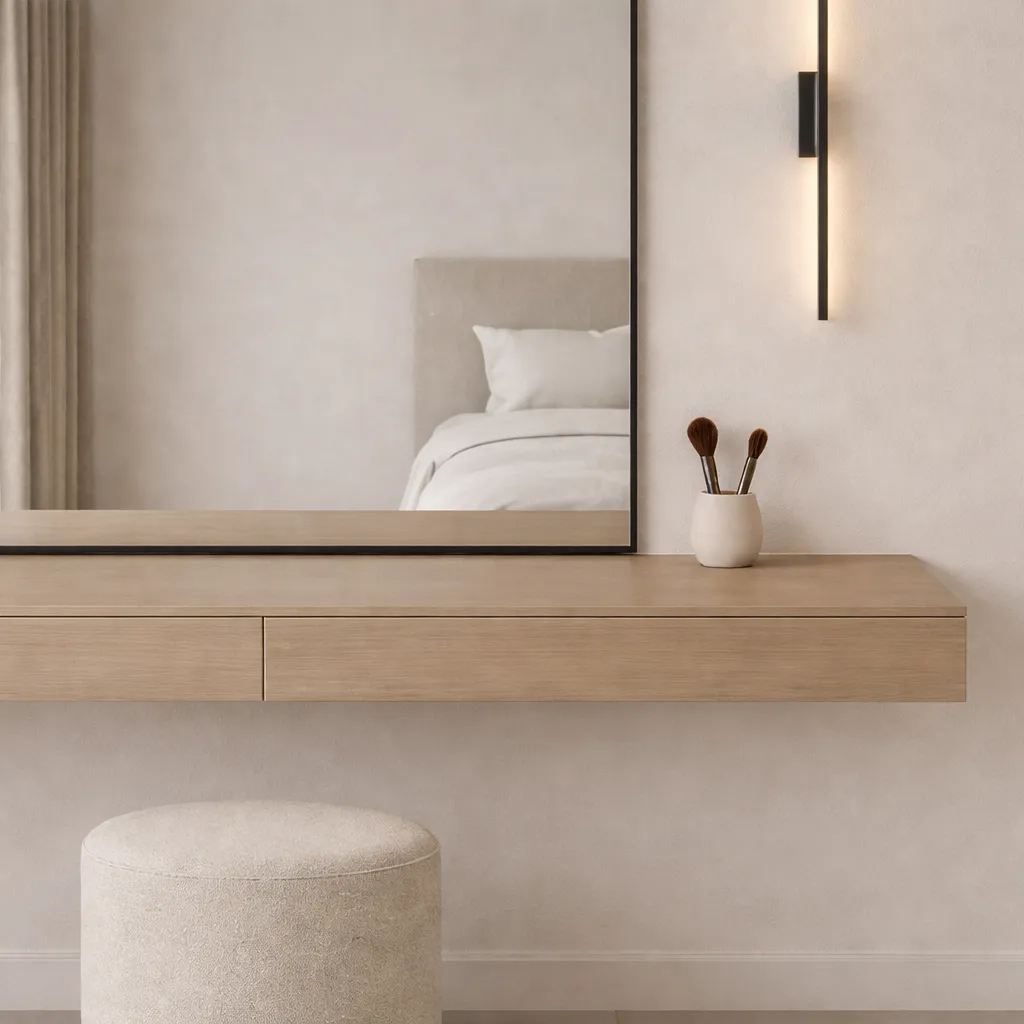 Minimalist Floating Vanity with Mirror & Upholstered Pouf