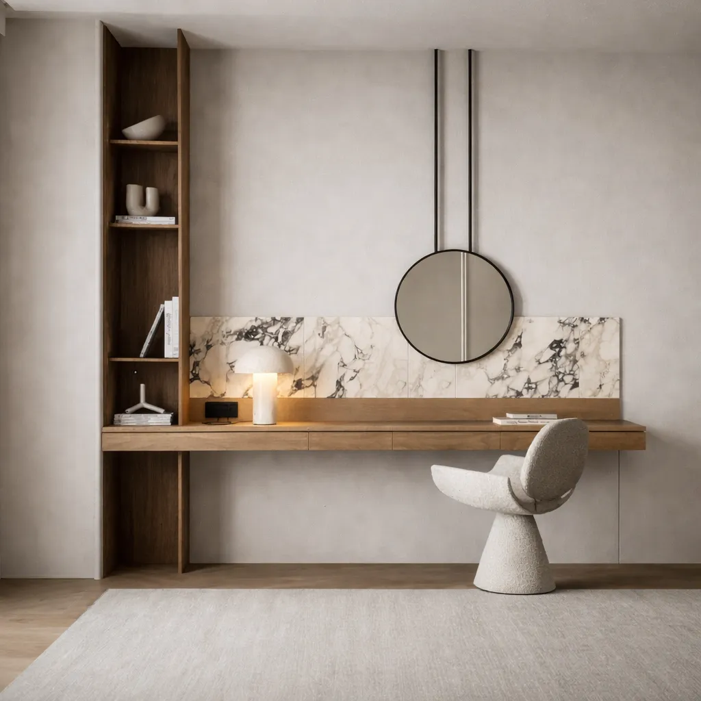 Modern Vanity UAE | Wall Mounted Dressing Table with Marble texture wood