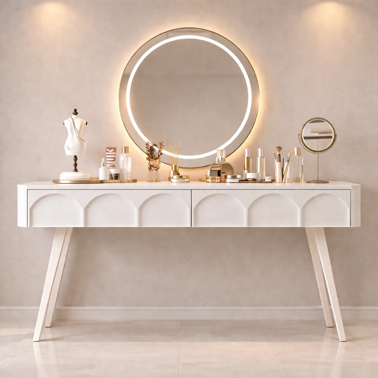Elegant Beige Vanity with Sculpted Mirror Frame | Custom Made UAE