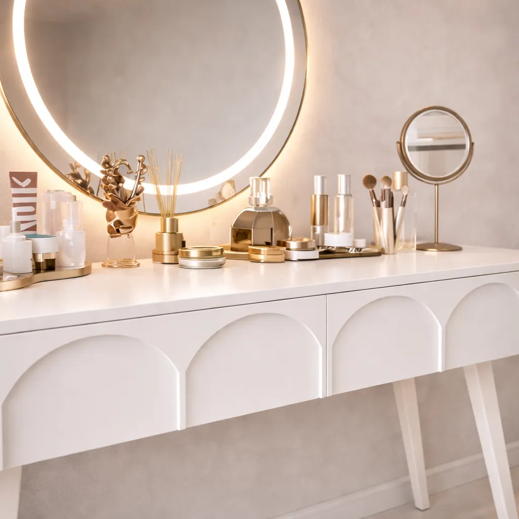 Elegant Beige Vanity with Sculpted Mirror Frame | Custom Made UAE