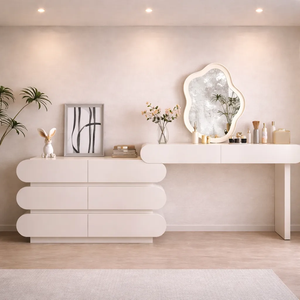 Modern White Vanity &amp; Dresser Set with Artistic Mirror UAE