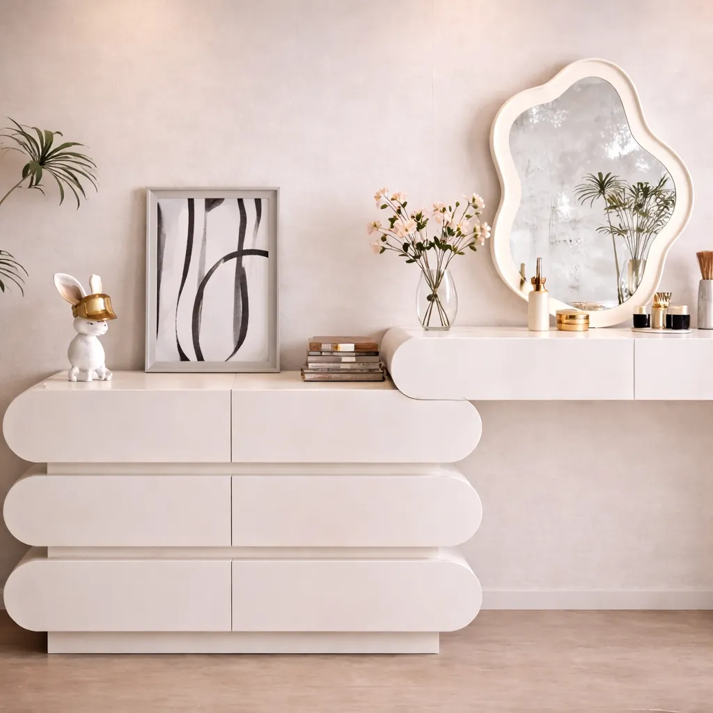 Modern White Vanity & Dresser Set with Artistic Mirror UAE