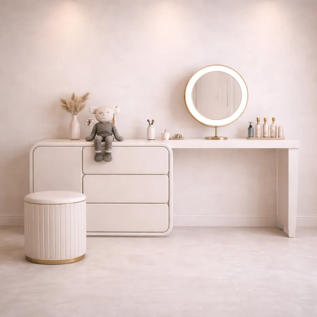 Minimal White Vanity &amp; Drawer Set with LED Mirror UAE