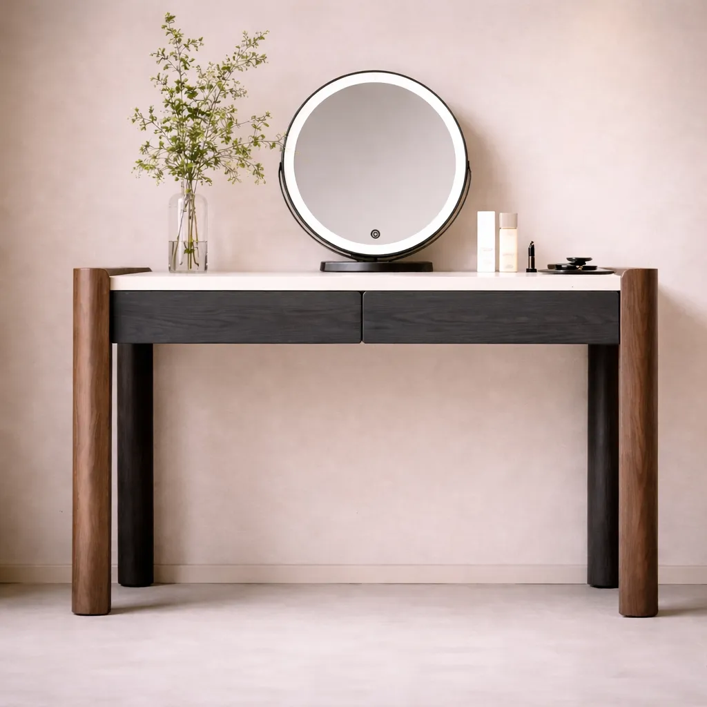 Modern Wooden Vanity with LED Round Mirror | Custom Made UAE