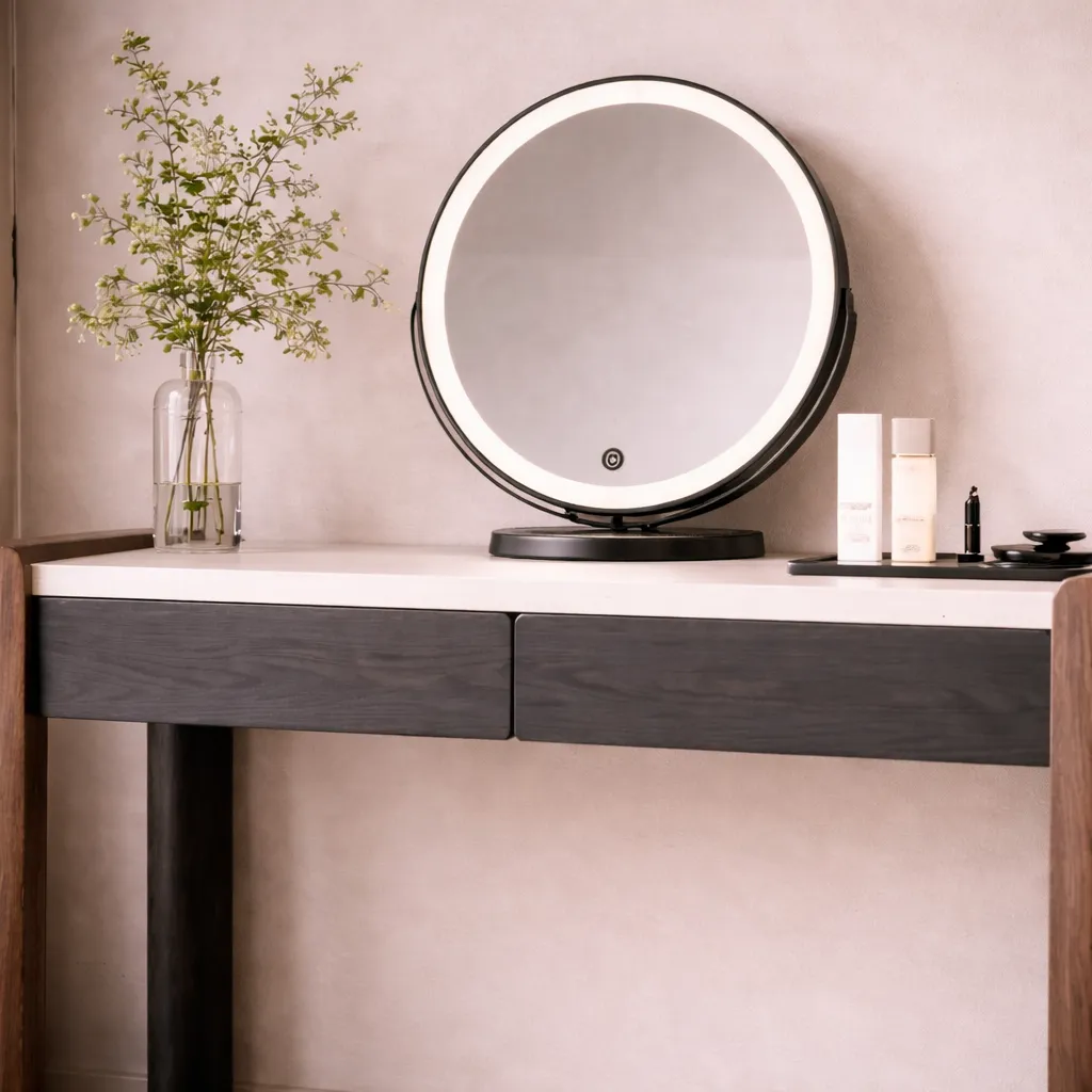 Modern Wooden Vanity with LED Round Mirror | Custom Made UAE
