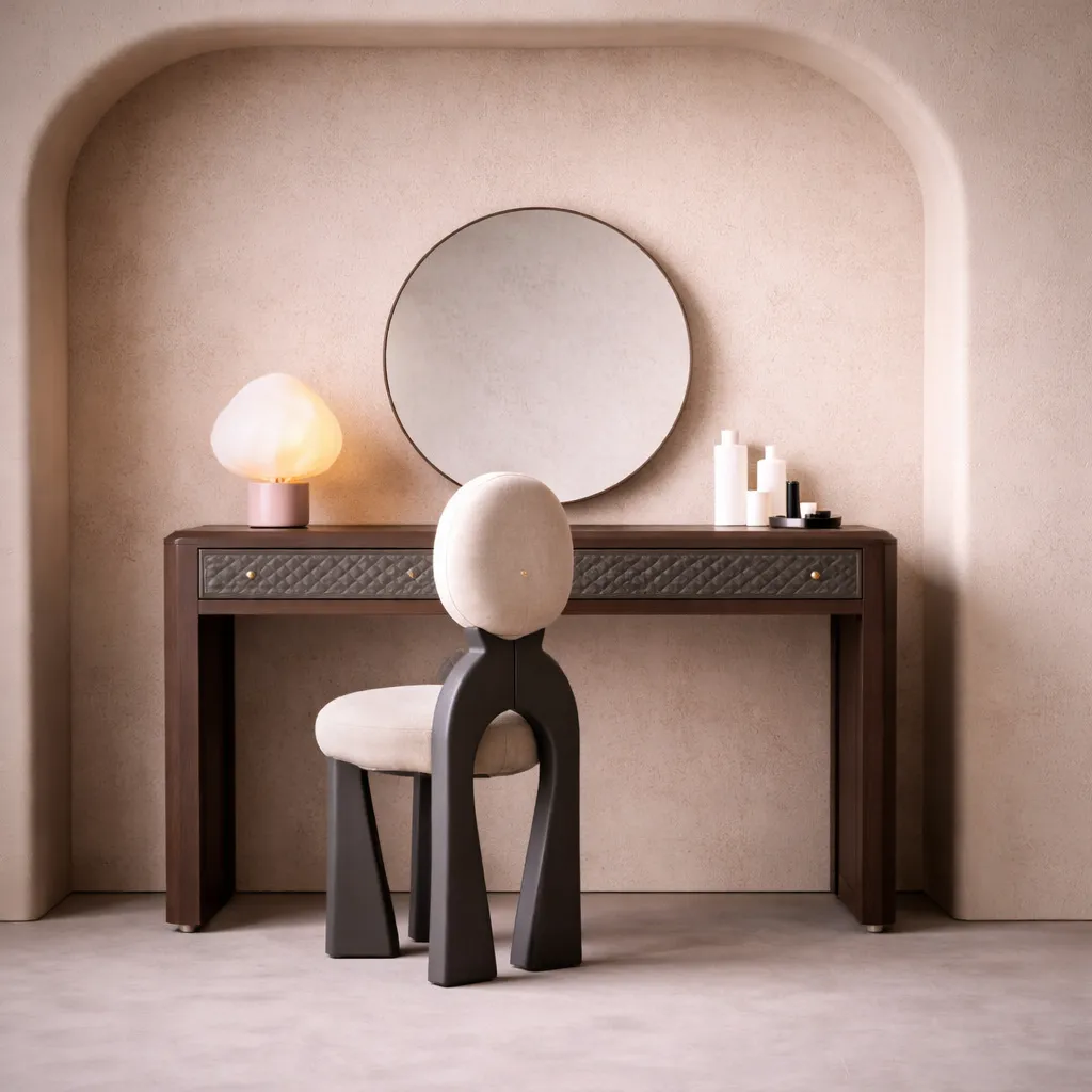 Modern Curved Dark Wood Vanity with Fabric Drawer UAE