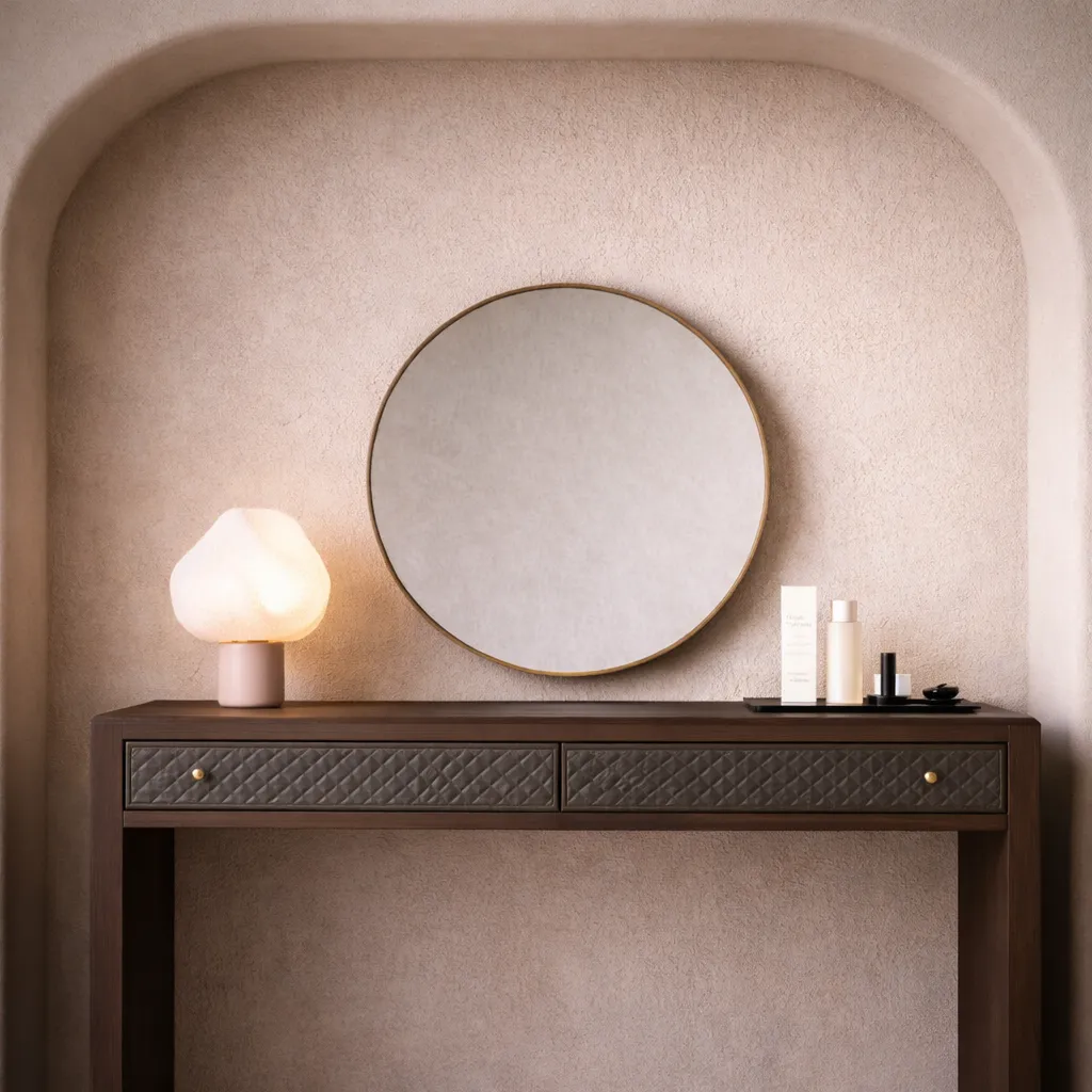 Modern Curved Dark Wood Vanity with Fabric Drawer UAE