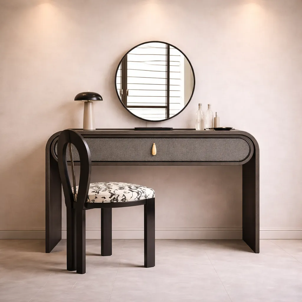 Modern Curved Dark Wood Vanity with Fabric Drawer UAE