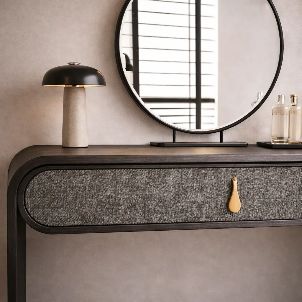 Modern Curved Dark Wood Vanity with Fabric Drawer UAE