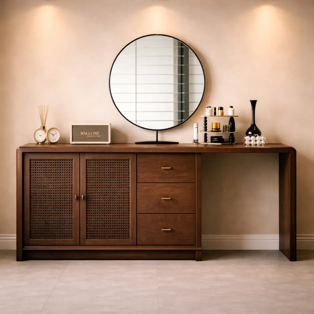 Modern Cane Dresser with Round Mirror