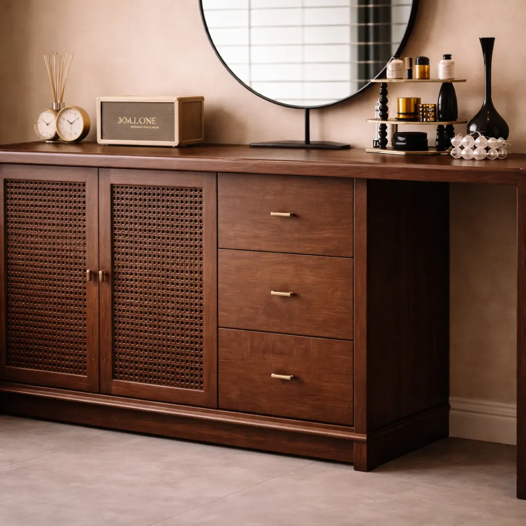 Modern Cane Dresser with Round Mirror