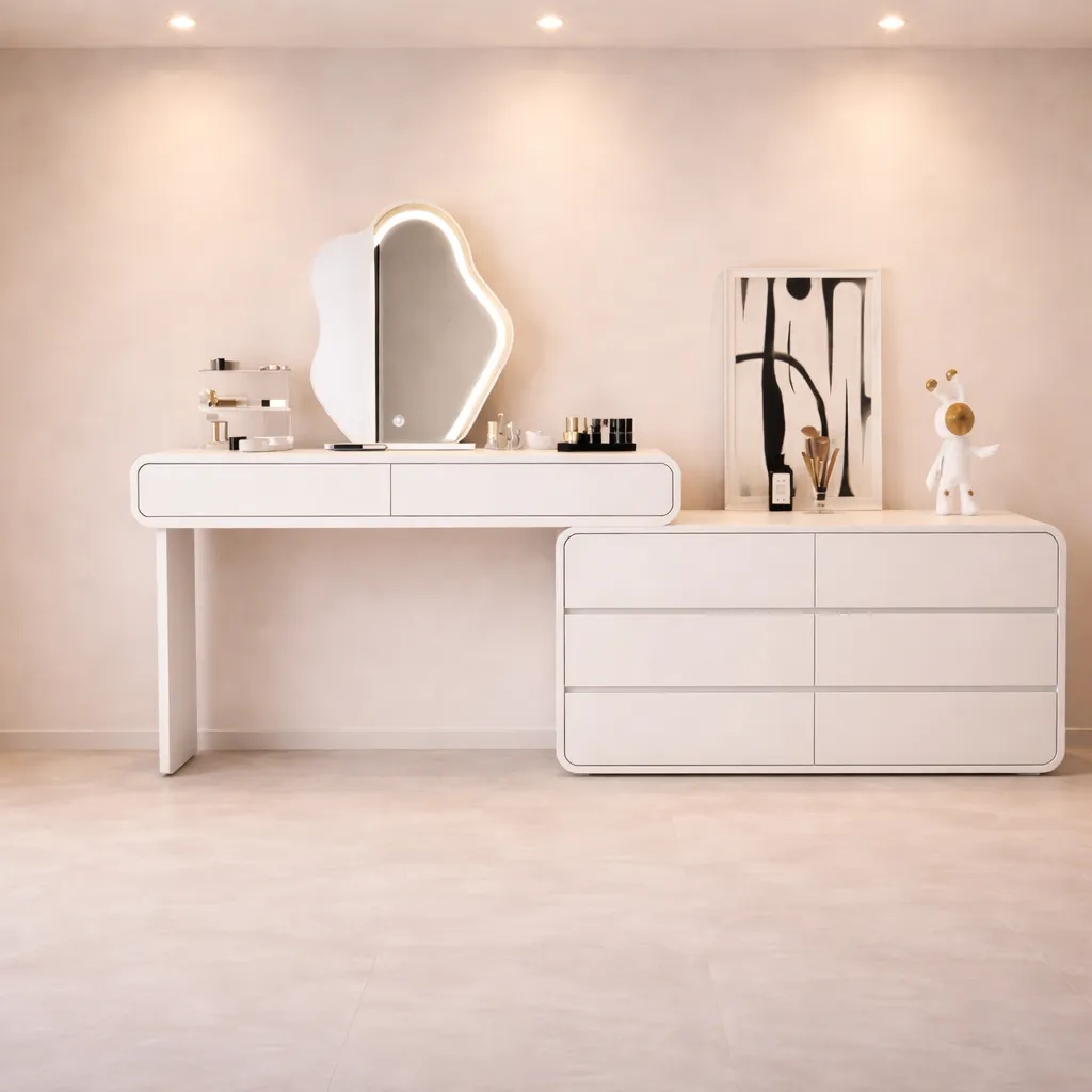 Luxury White Vanity &amp; Dresser Set with LED Mirror UAE