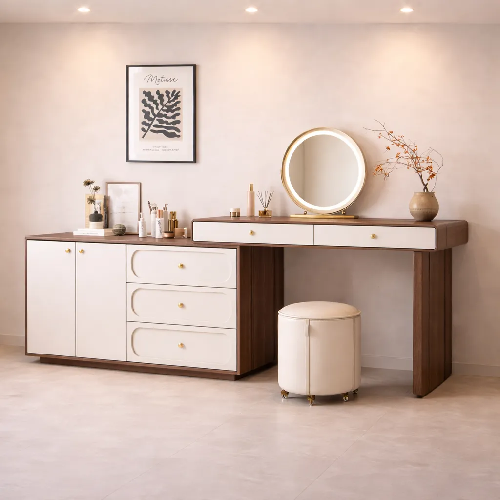 Modern Dual Tone Vanity with Storage Cabinet & LED Mirror UAE