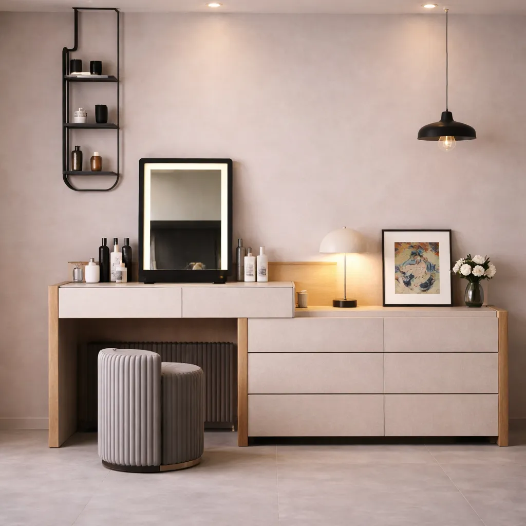 Modern Wooden Vanity with Side Storage &amp; LED Mirror UAE