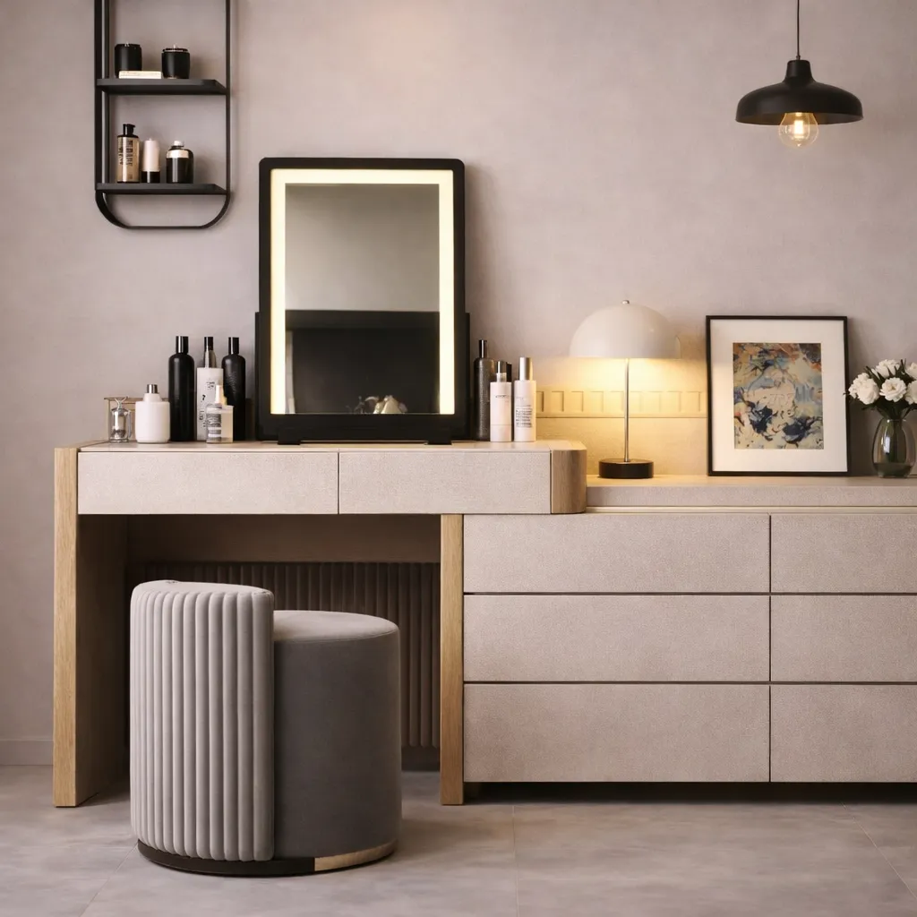 Modern Wooden Vanity with Side Storage & LED Mirror UAE