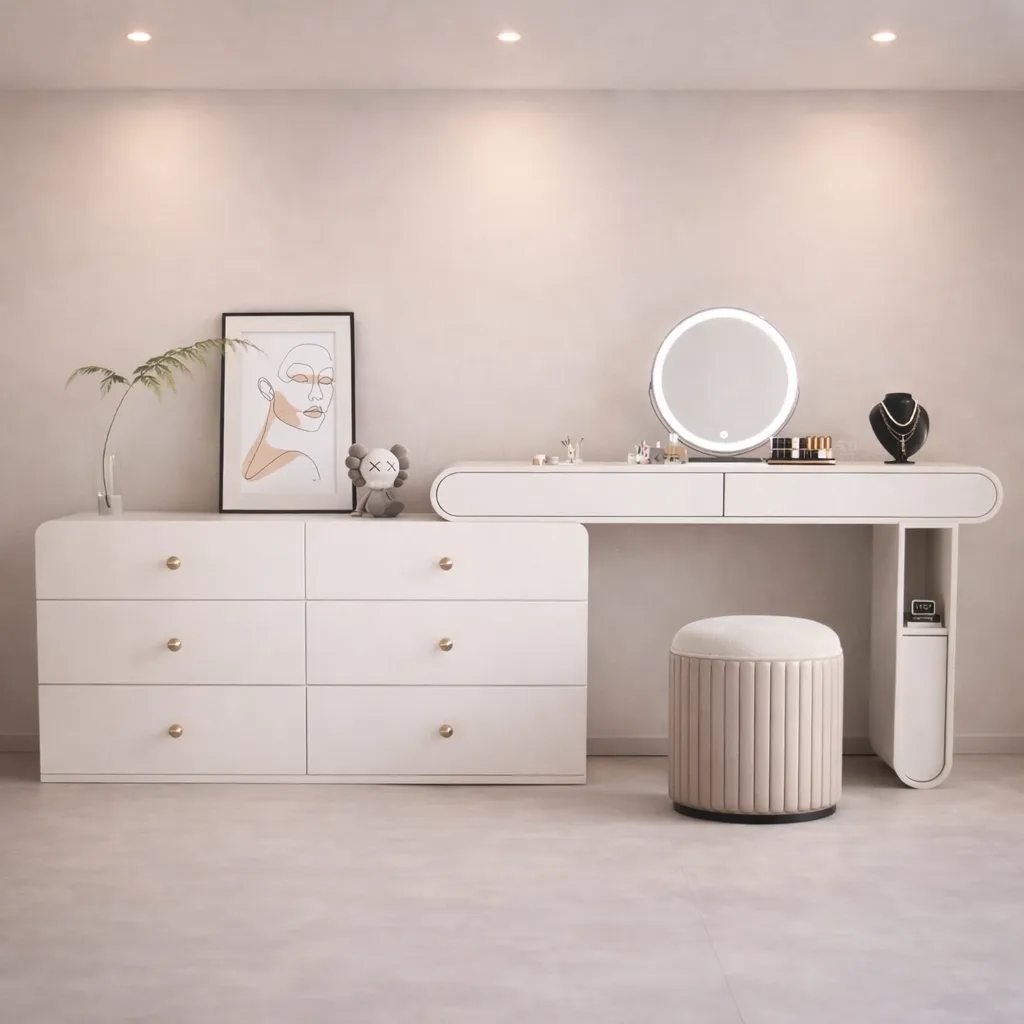 Modern White Vanity & Dresser Set with LED Mirror UAE