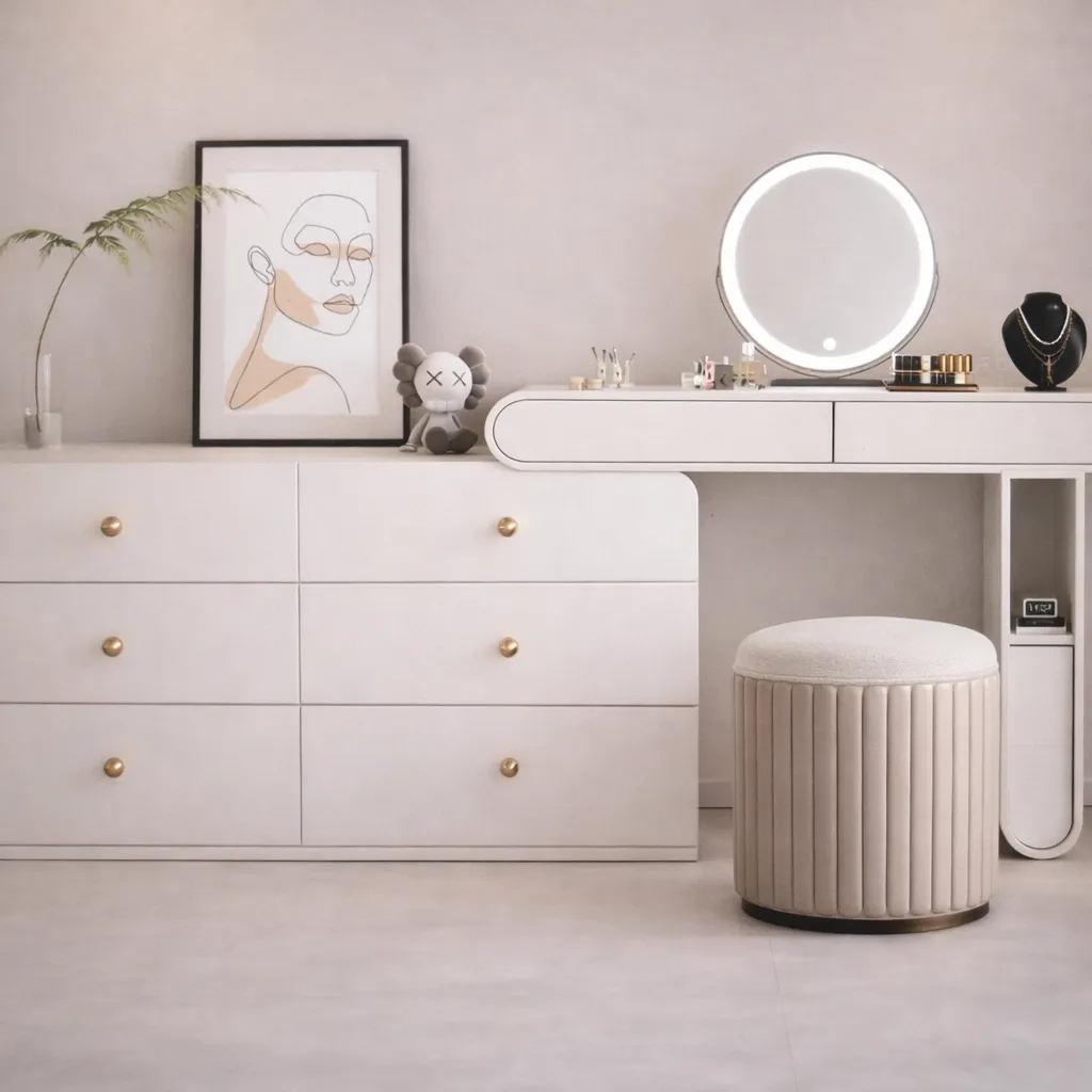 Modern White Vanity & Dresser Set with LED Mirror UAE