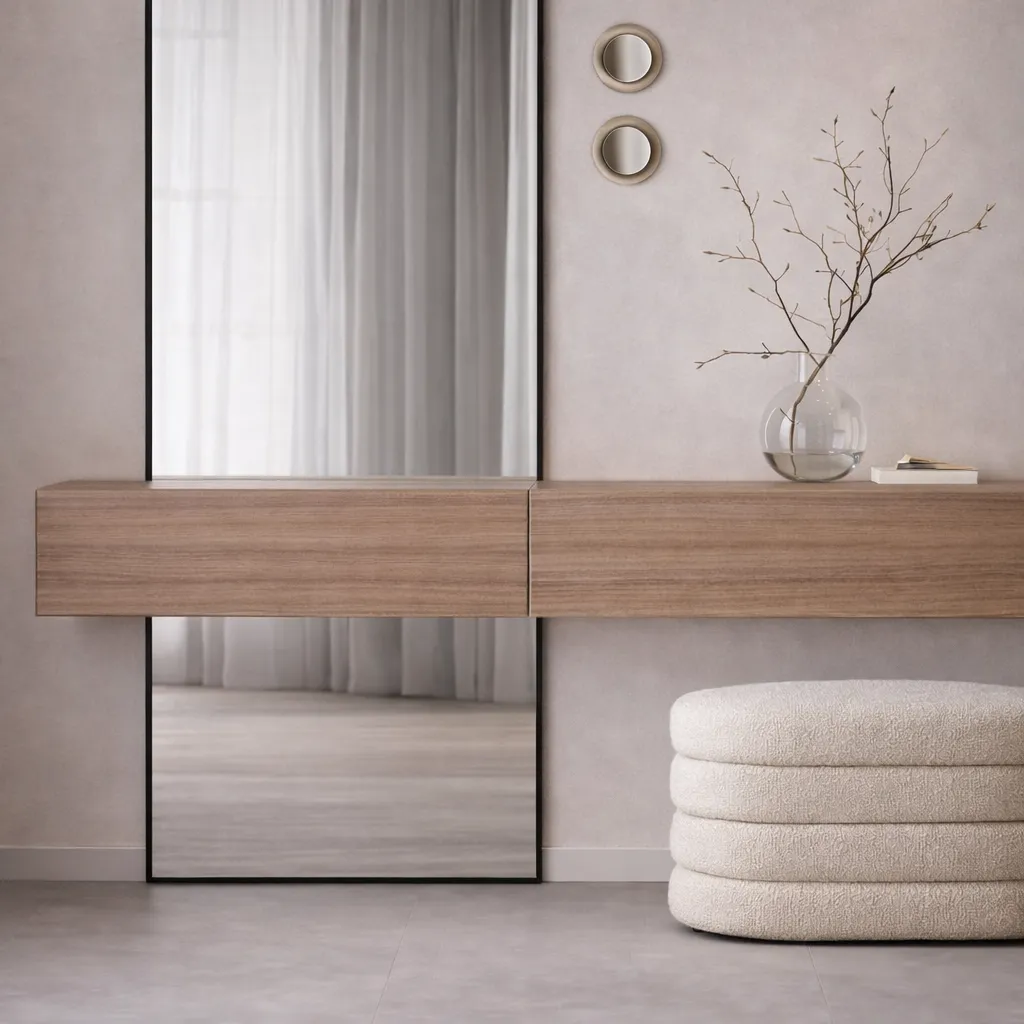 Floating Wooden Vanity with Full-Length Mirror & Pouf