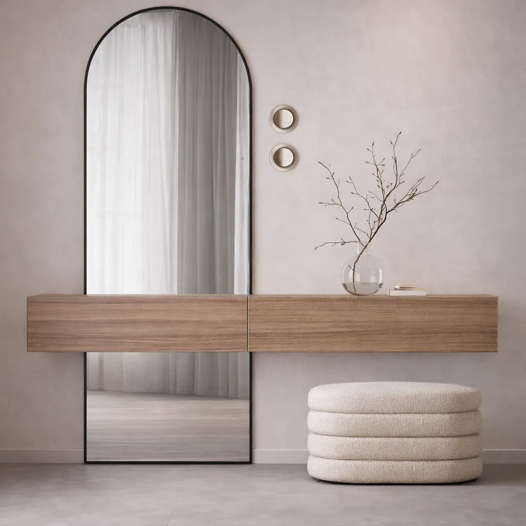 Floating Wooden Vanity with Full-Length Mirror &amp; Pouf