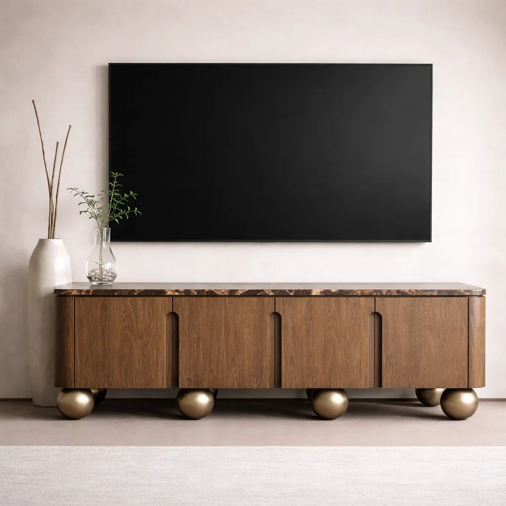 Modern Wooden TV Unit with Sphere Legs – Luxury Custom TV Console UAE