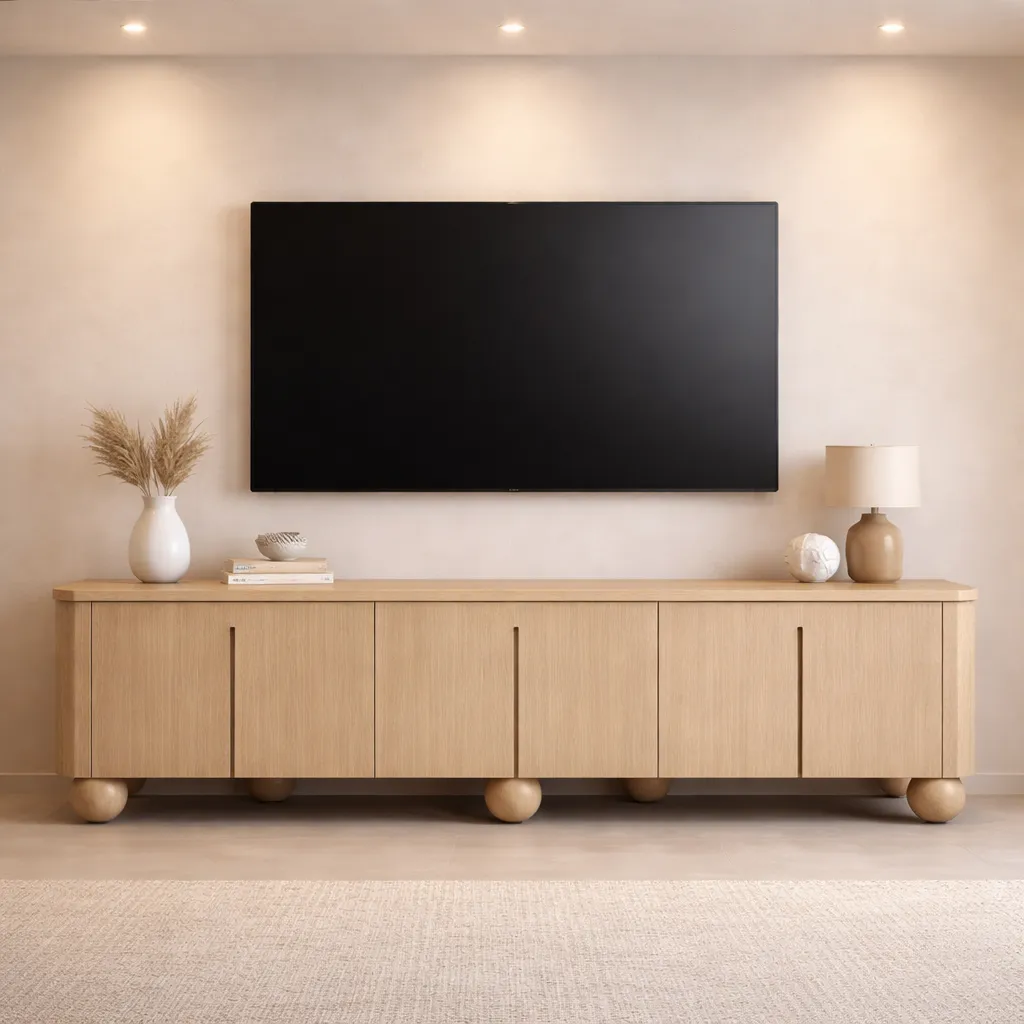 Modern Wooden TV Unit with Sphere Legs – Luxury Custom TV Console UAE