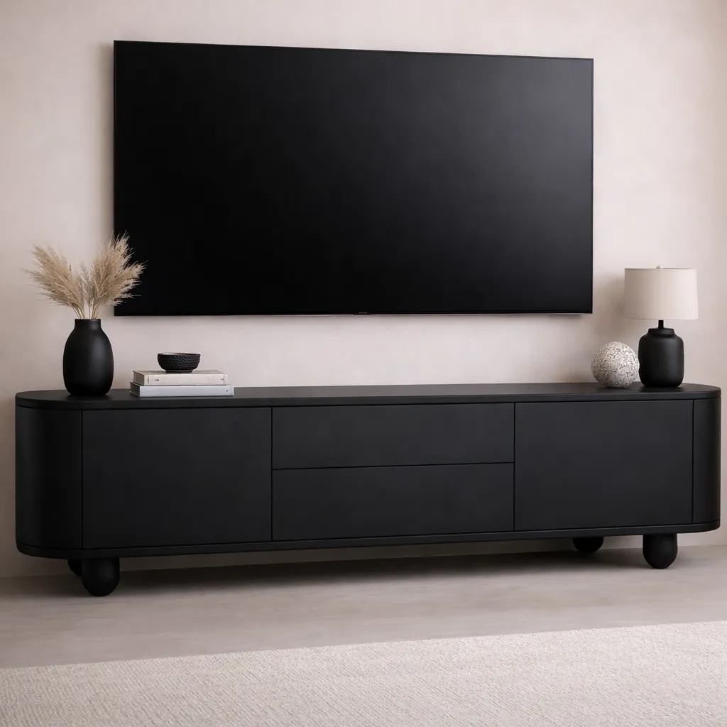 Modern Wooden TV Unit with Sphere Legs – Luxury Custom TV Console UAE