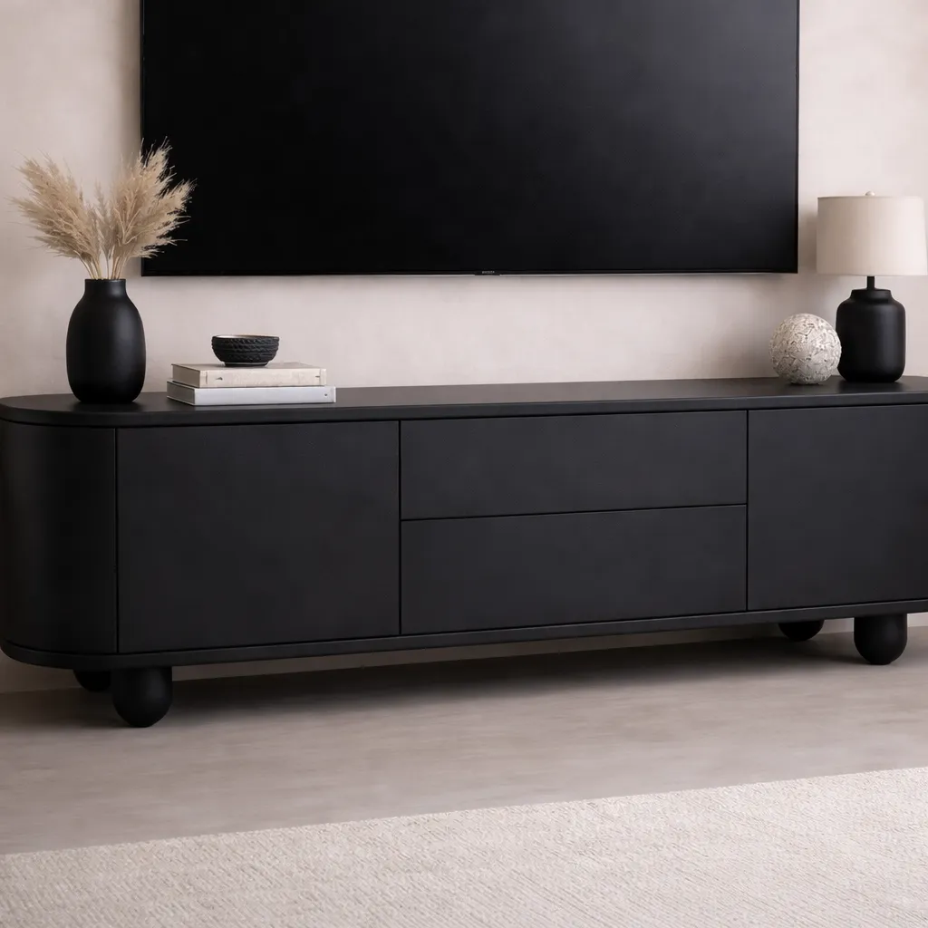 Modern Wooden TV Unit with Sphere Legs – Luxury Custom TV Console UAE