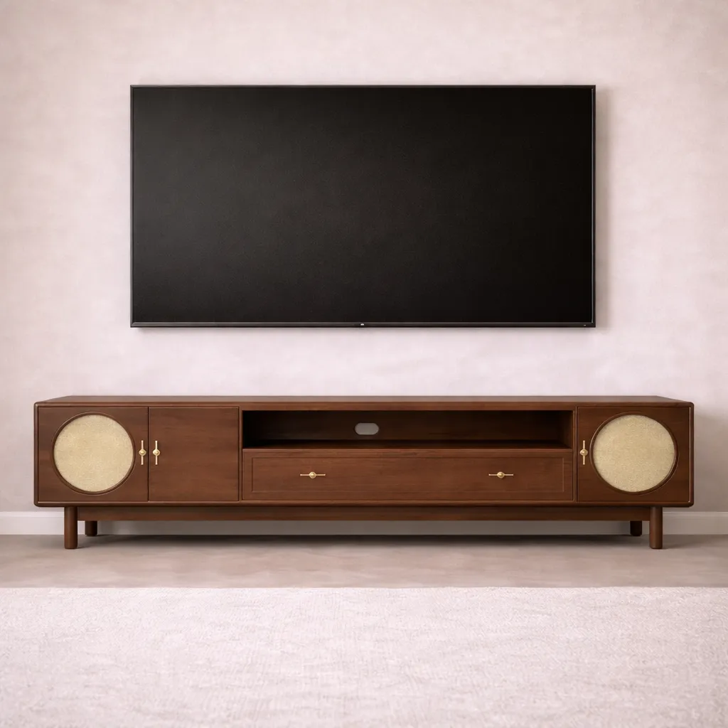 Round Rattan Wooden TV Unit – Luxury Modern TV Console UAE
