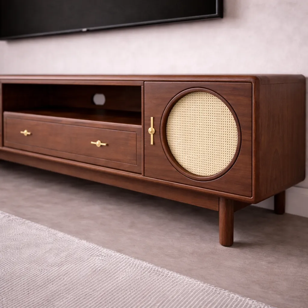 Round Rattan Wooden TV Unit – Luxury Modern TV Console UAE