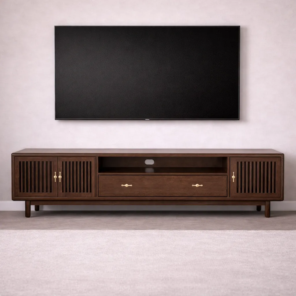 Modern Wooden Slatted TV Unit – Luxury TV Console UAE