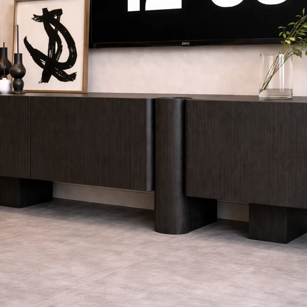 Modern Dark Wood TV Unit with Sculpted Base – Luxury Console UAE