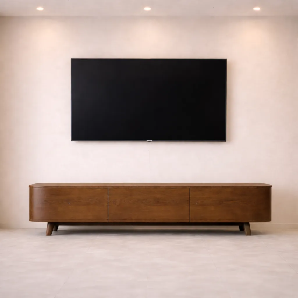 Curved Edge Wooden TV Unit – Modern Minimal TV Console UAE
