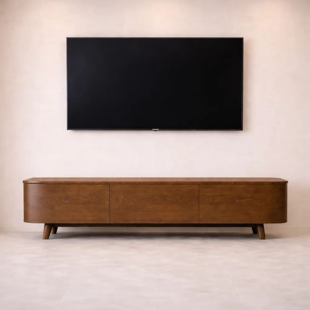 Curved Edge Wooden TV Unit – Modern Minimal TV Console UAE