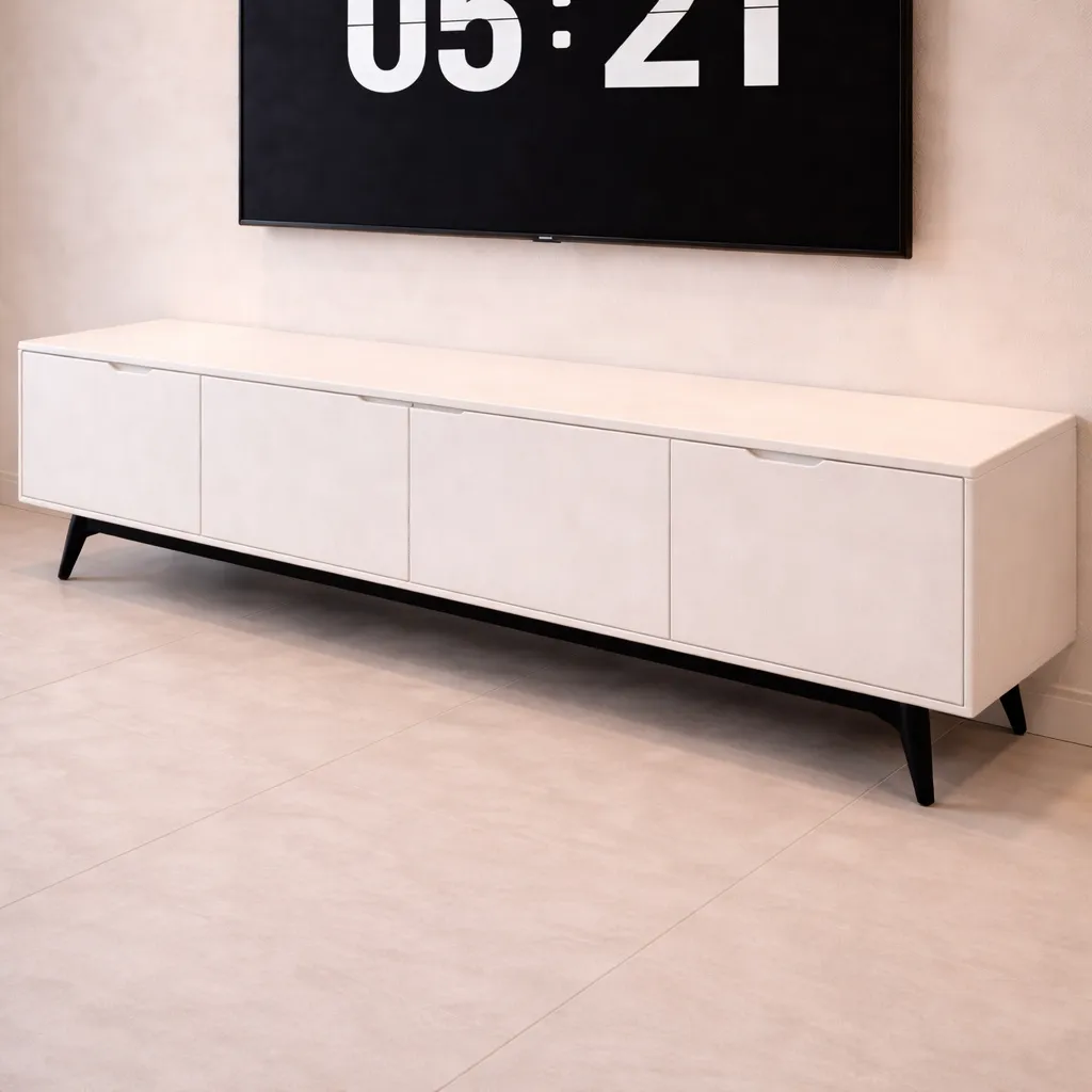 Minimal White Long TV Unit with Black Base – Modern TV Console UAE