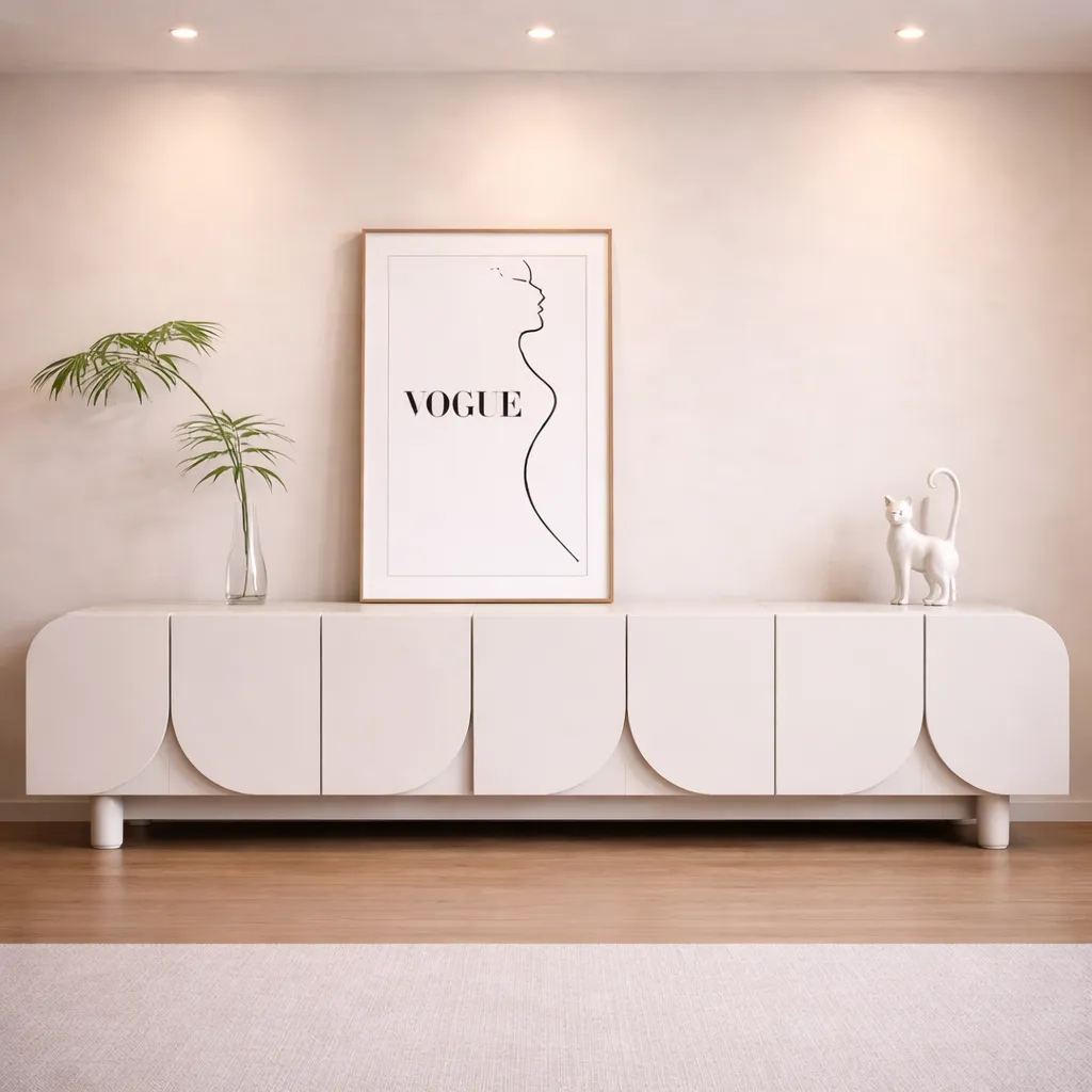 Modern White TV Unit with Curved Panels – Minimalist Luxury Console UAE