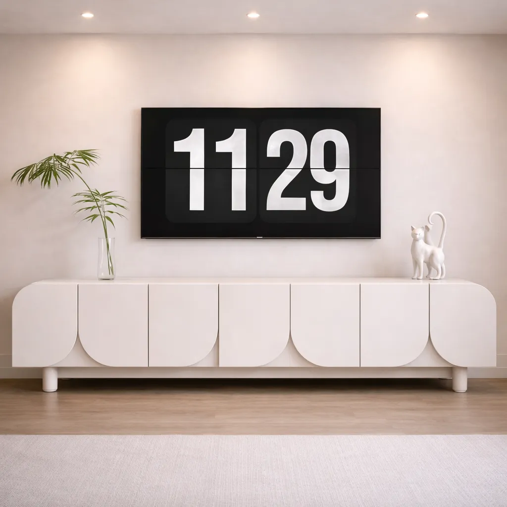 Modern White TV Unit with Curved Panels – Minimalist Luxury Console UAE