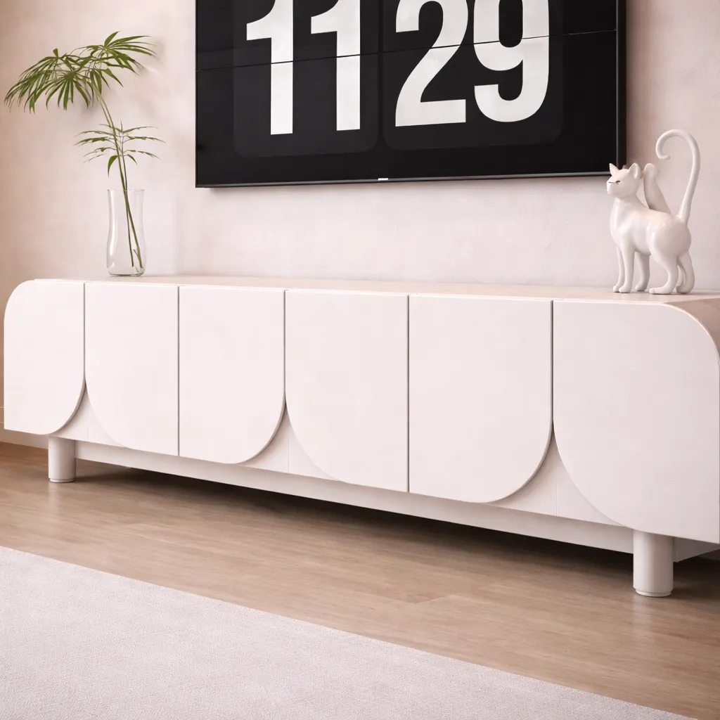 Modern White TV Unit with Curved Panels – Minimalist Luxury Console UAE