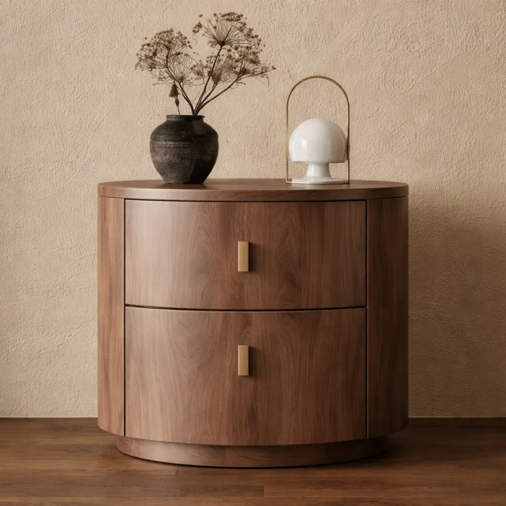 Modern Round Wooden Bedside Table with Elegant Storage Design