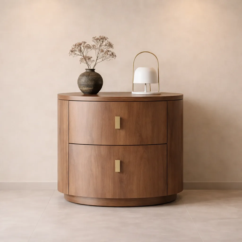Modern Round Wooden Bedside Table with Elegant Storage Design