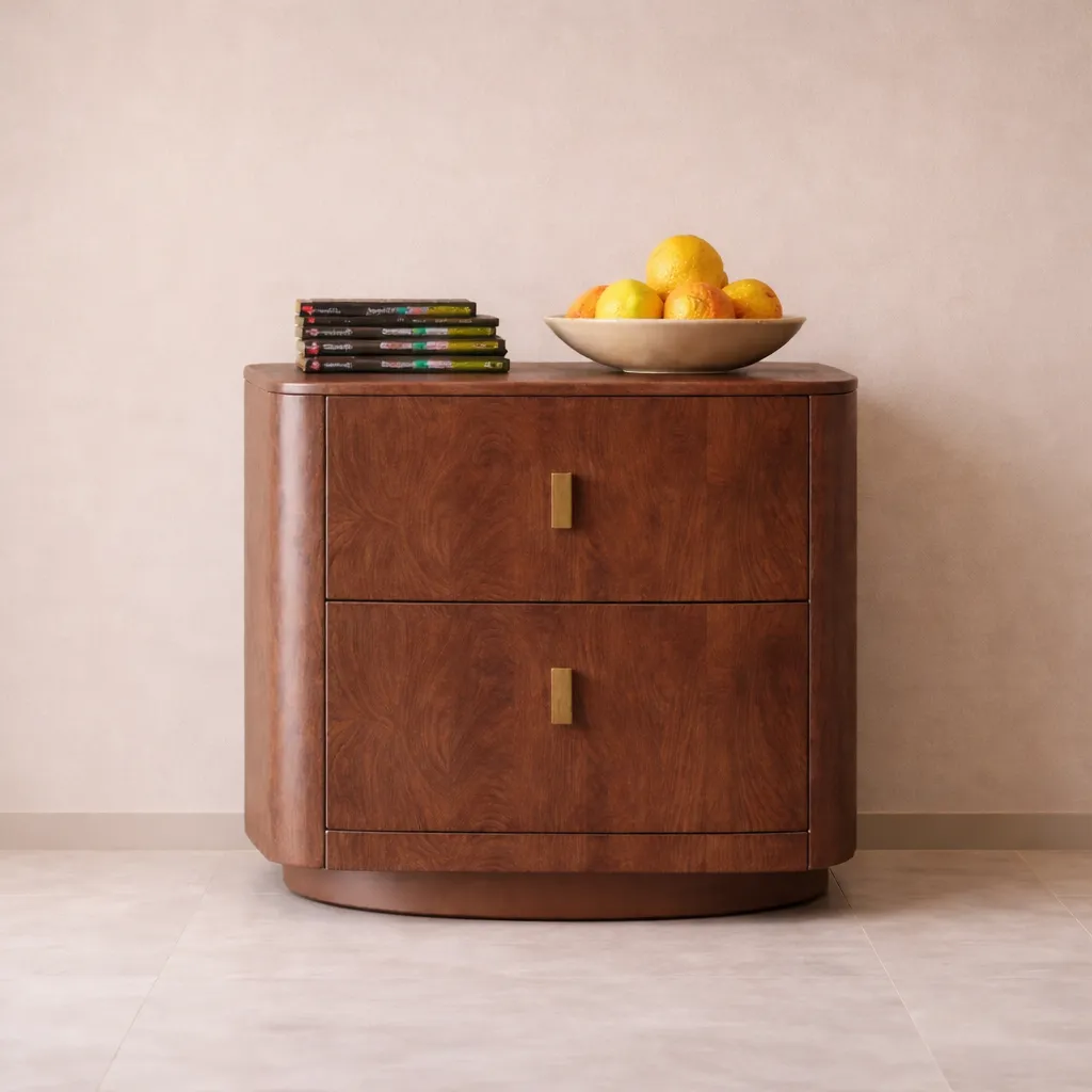 Luxury Round Wooden Nightstand with Marble Top & Drawer Storage