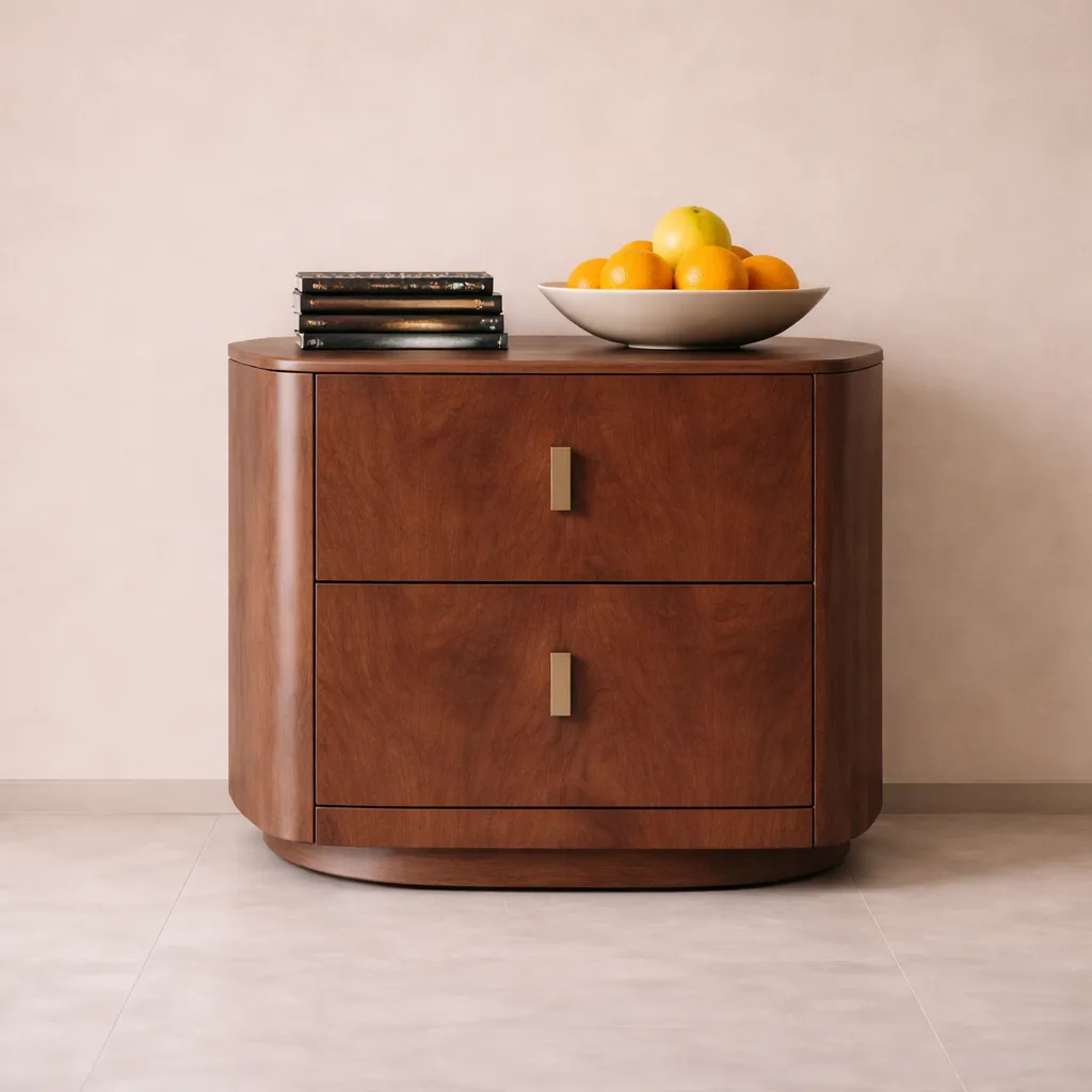 Luxury Round Wooden Nightstand with Marble Top & Drawer Storage