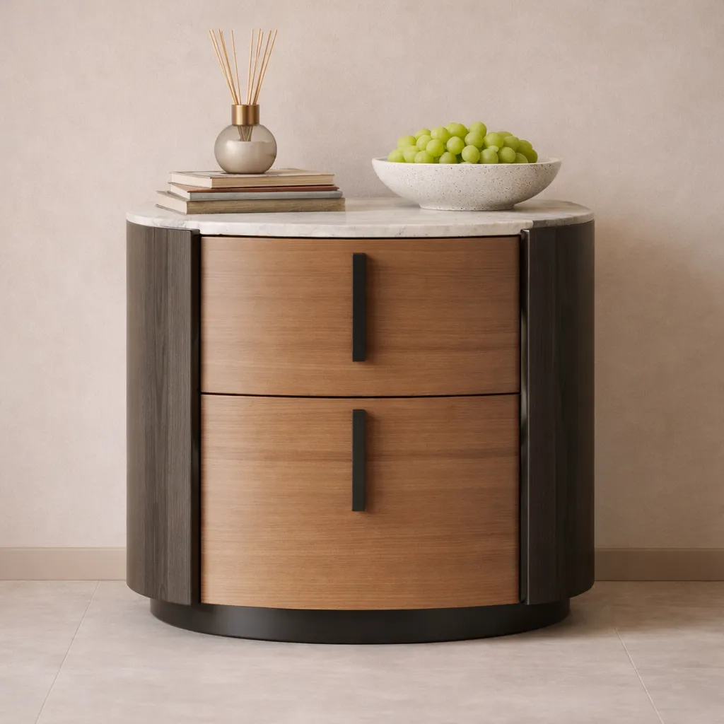 Luxury Round Wooden Bedside Table with Marble Top & Drawers