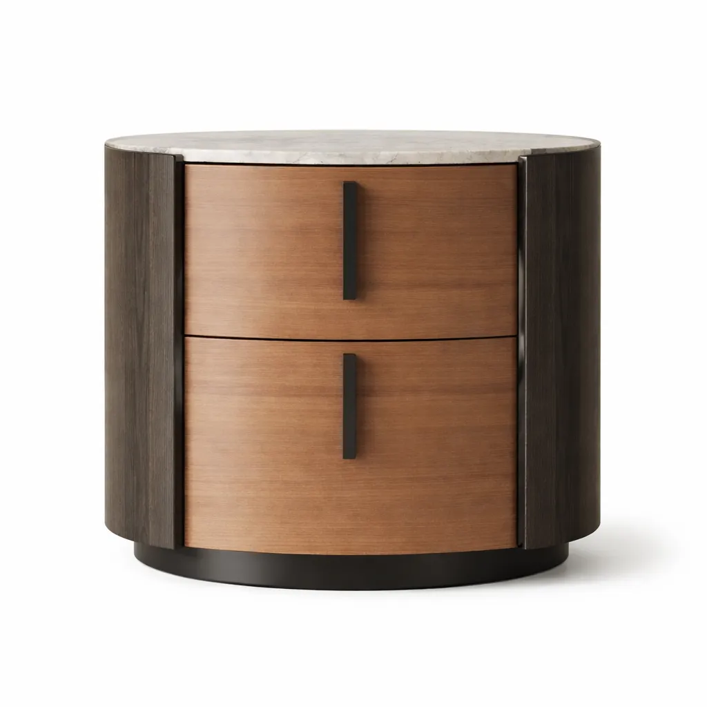 Luxury Round Wooden Bedside Table with Marble Top & Drawers