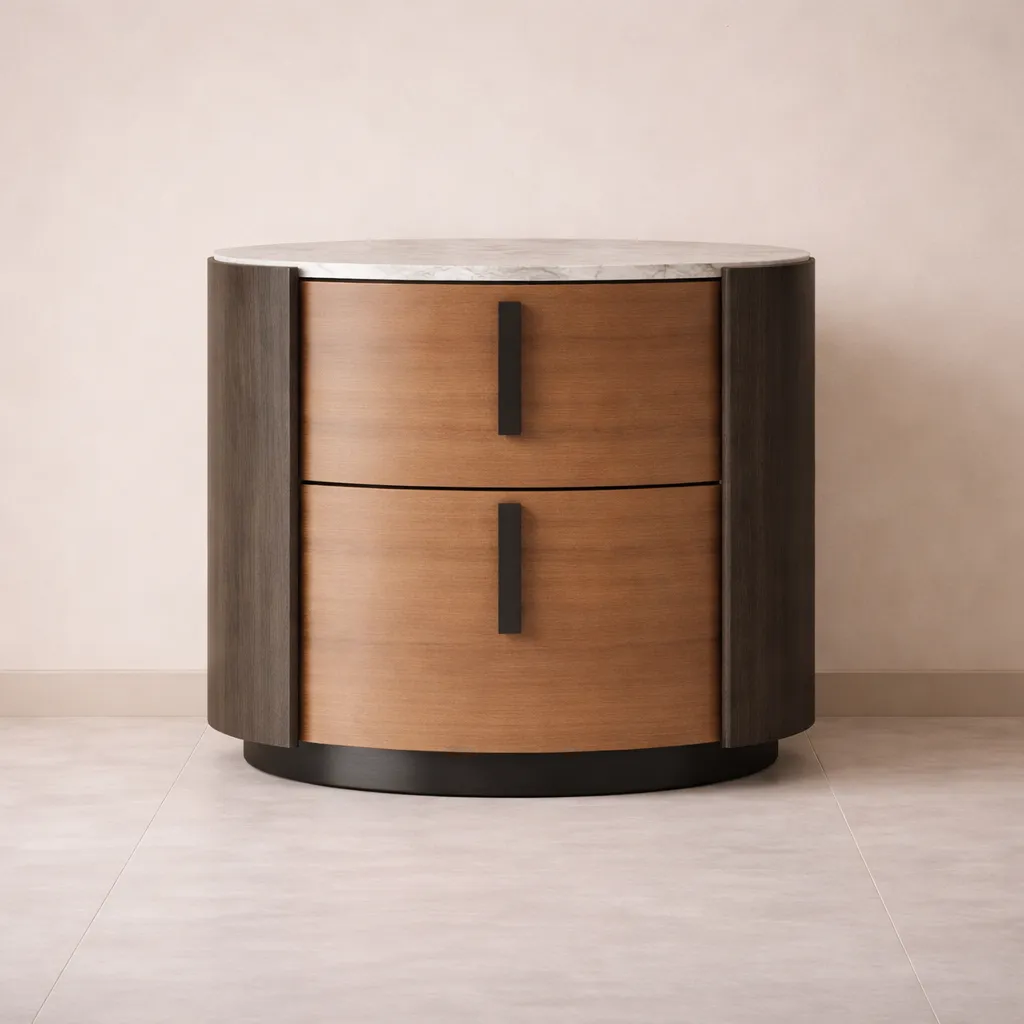 Luxury Round Wooden Bedside Table with Marble Top &amp; Drawers