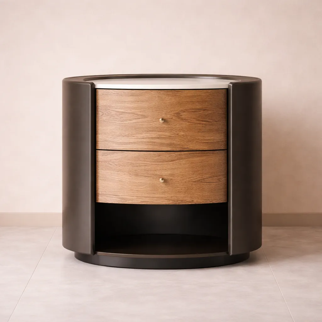 Modern Round Wooden Bedside Table with Marble Top &amp; Storage