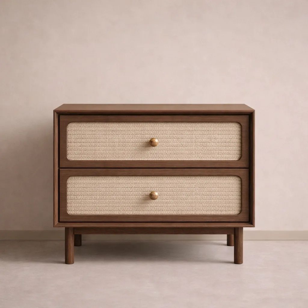Modern Wooden Nightstand with Woven Fabric Drawer Panels