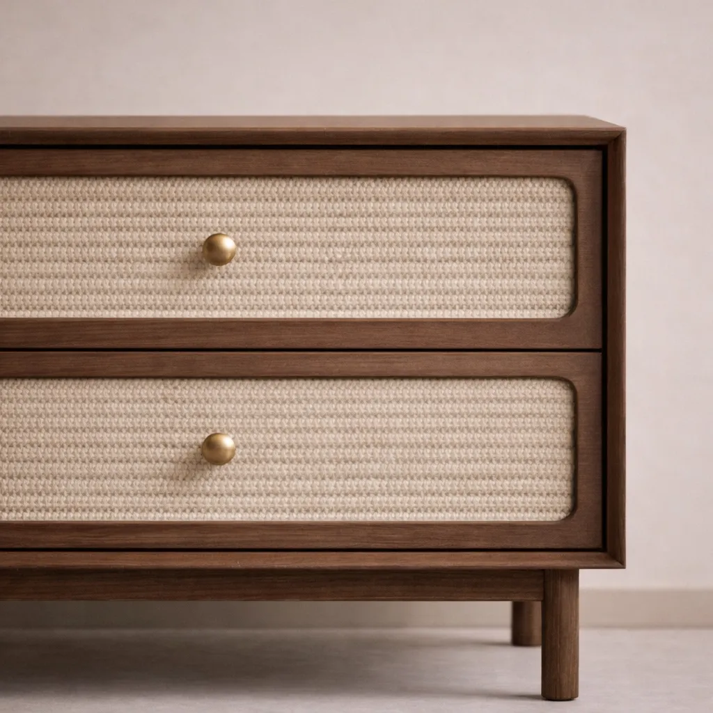 Modern Wooden Nightstand with Woven Fabric Drawer Panels