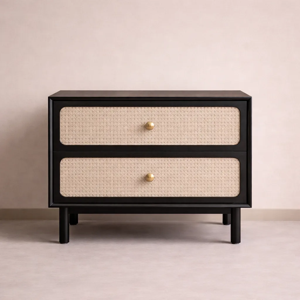 Black Wooden Nightstand with Woven Fabric Drawer Fronts